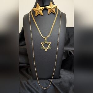 #31.Gold Star of David Pendant Necklace with Green Accent on Gold Chain & Ear